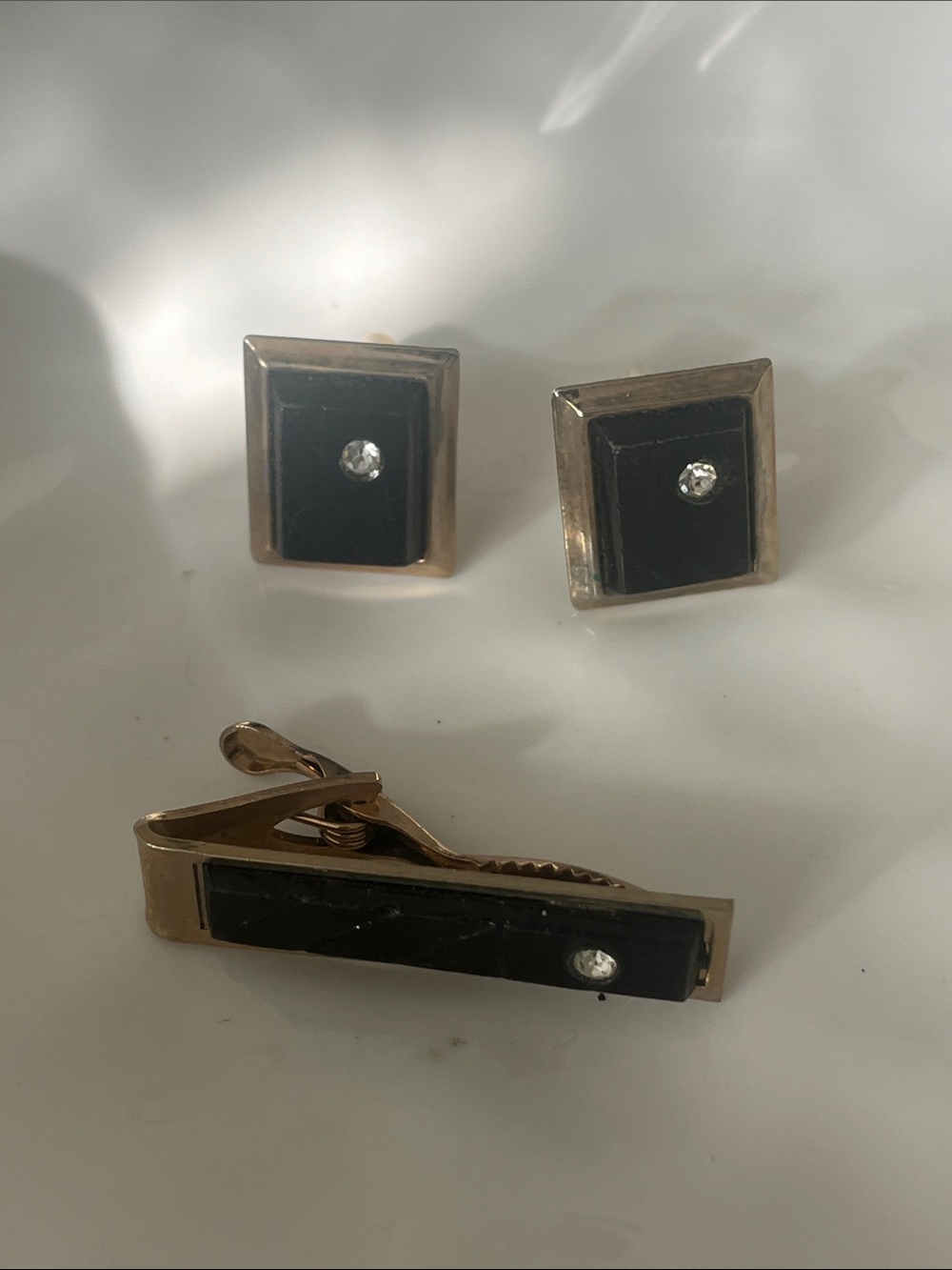 VINTAGE SWANK Gold-Tone Cufflinks and Tie Clip with Black Inlay and Crystal